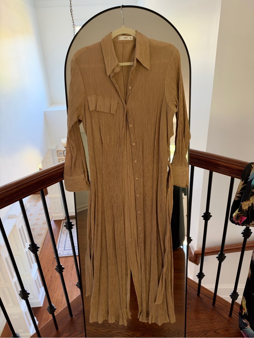Mango Taupe Crinkle Maxi Shirt Dress with Tie Waist